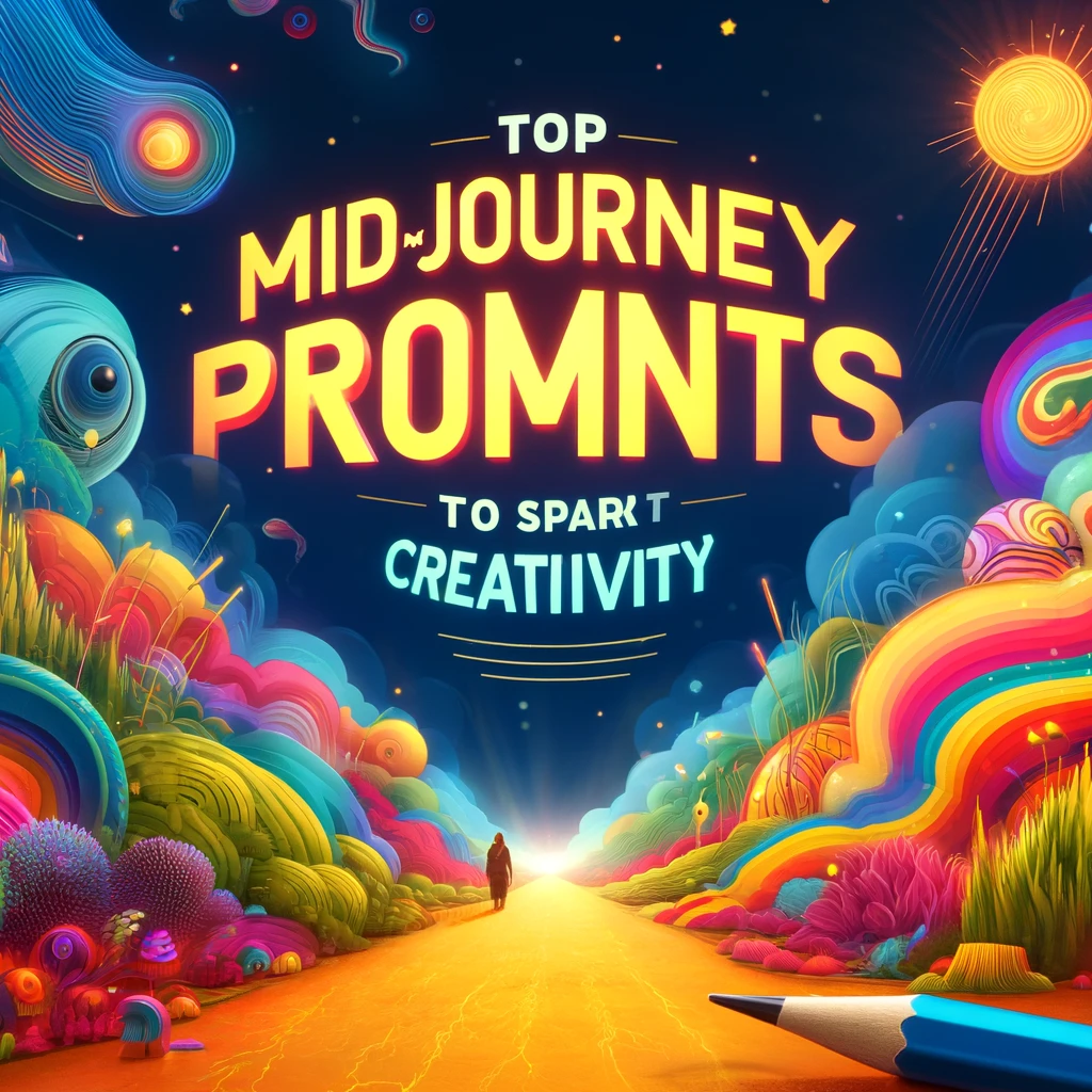 Illustrated banner featuring 'Top Mid-Journey Prompts to Spark Creativity' in bold lettering, with a colorful, fantasy landscape pathway leading toward a radiant sunrise, implying a journey of imagination.