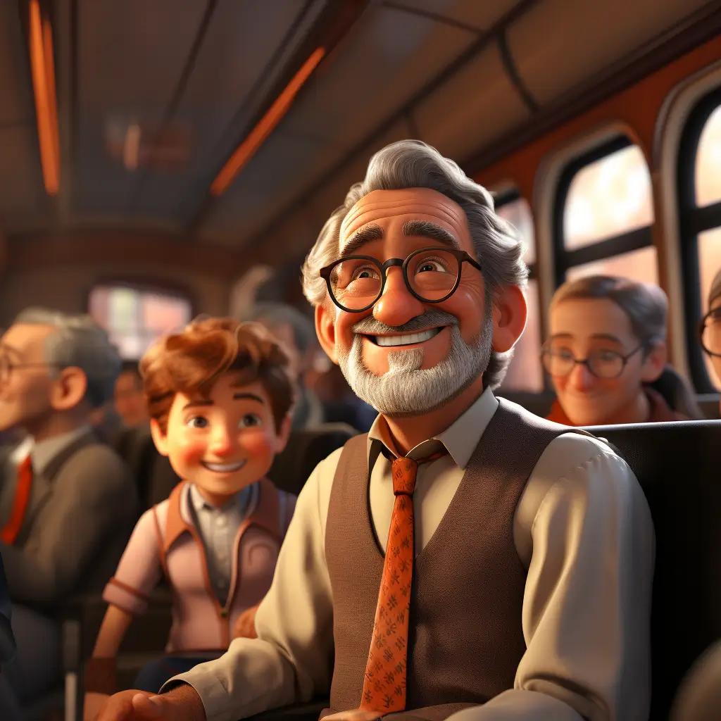 Animated image of a joyful elderly man with glasses and a young boy smiling on a train journey, surrounded by happy passengers.