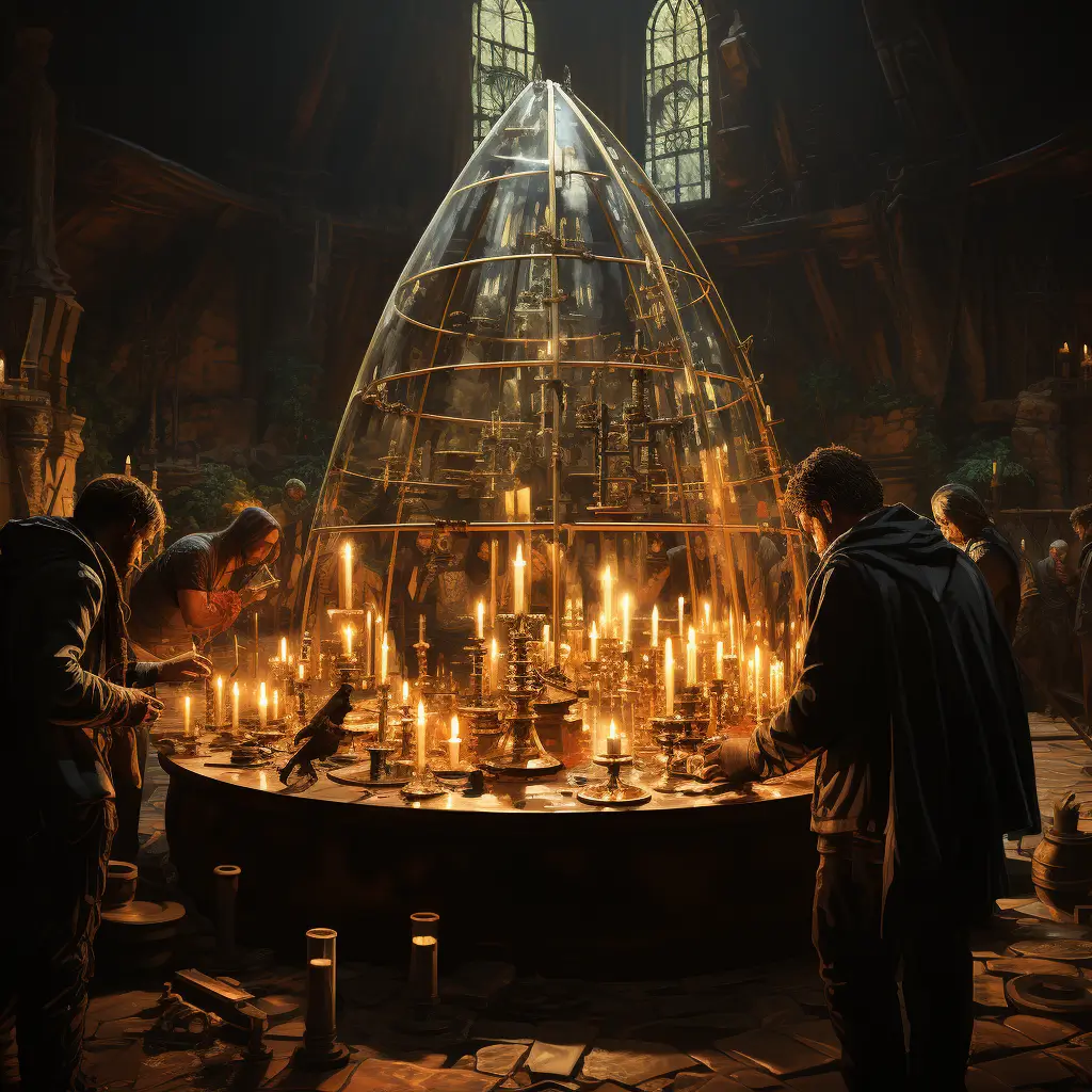 Intriguing scene of individuals in a candlelit room examining an intricate mechanical structure under a glass dome, suggesting hidden knowledge and discovery