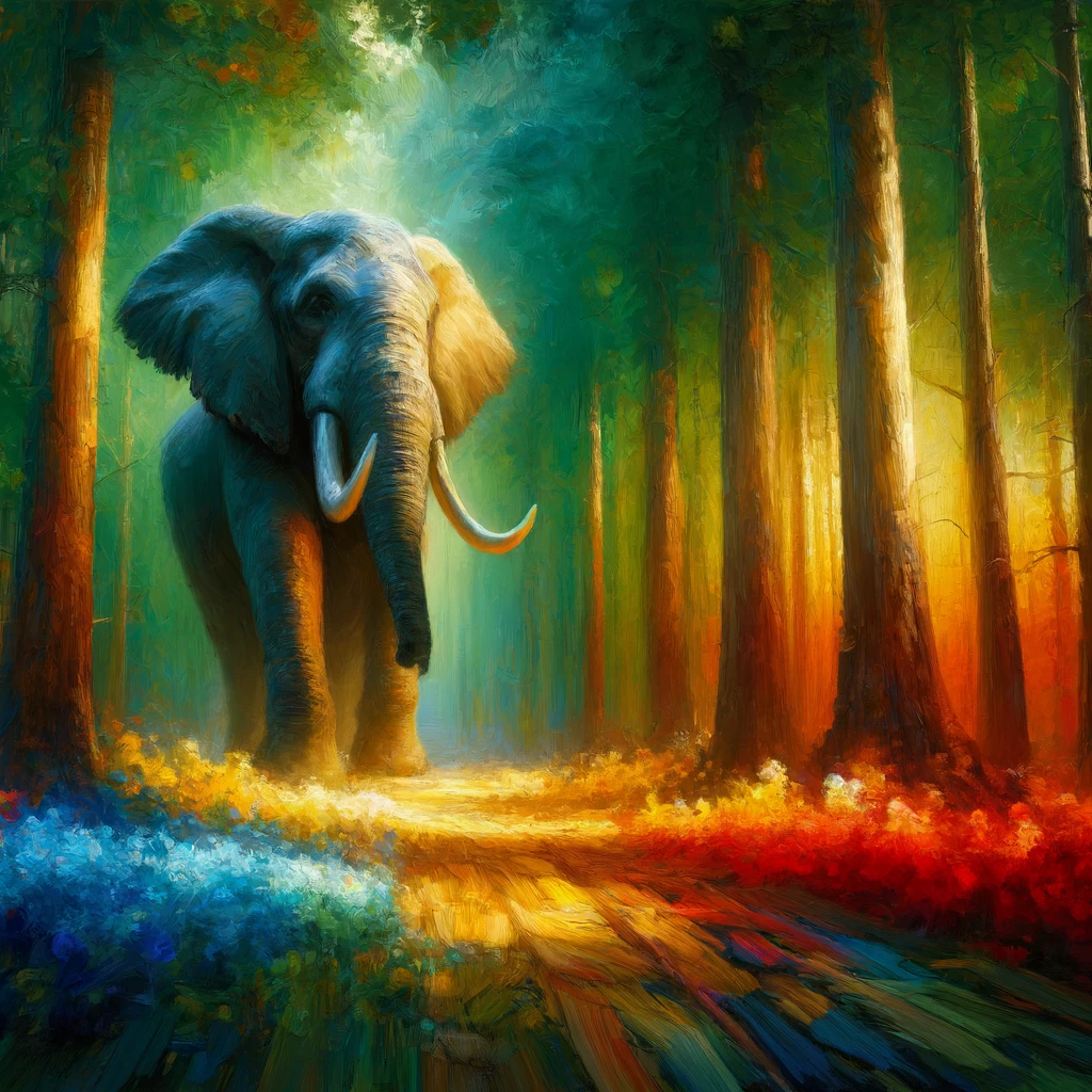 Oil painting of a majestic elephant standing in a dense, colorful forest, highlighting the beauty of wildlife in vibrant, natural settings.