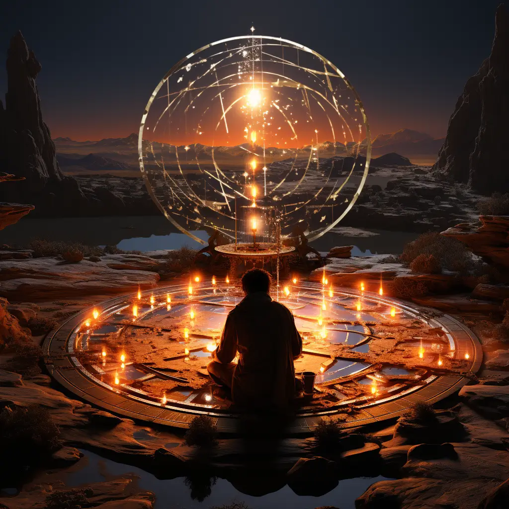 A person meditates on an ornate glyph-carved platform with mystical orbs and candles, against a backdrop of a desert sunset.