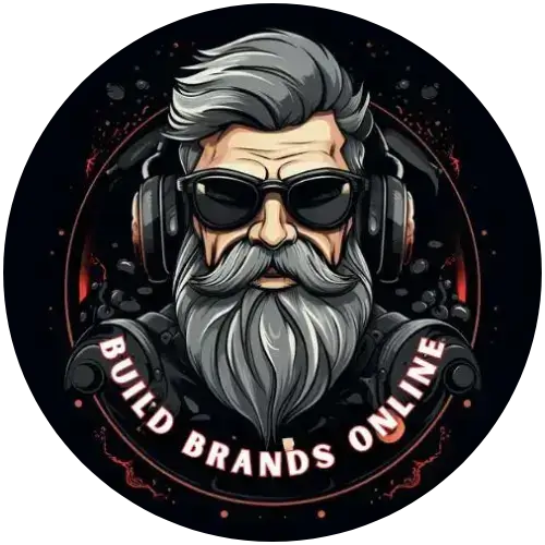 Illustrated logo of Build Brands Online featuring a stylized, bearded gentleman with headphones and sunglasses set against a dark backdrop with a circular frame and the brand name.