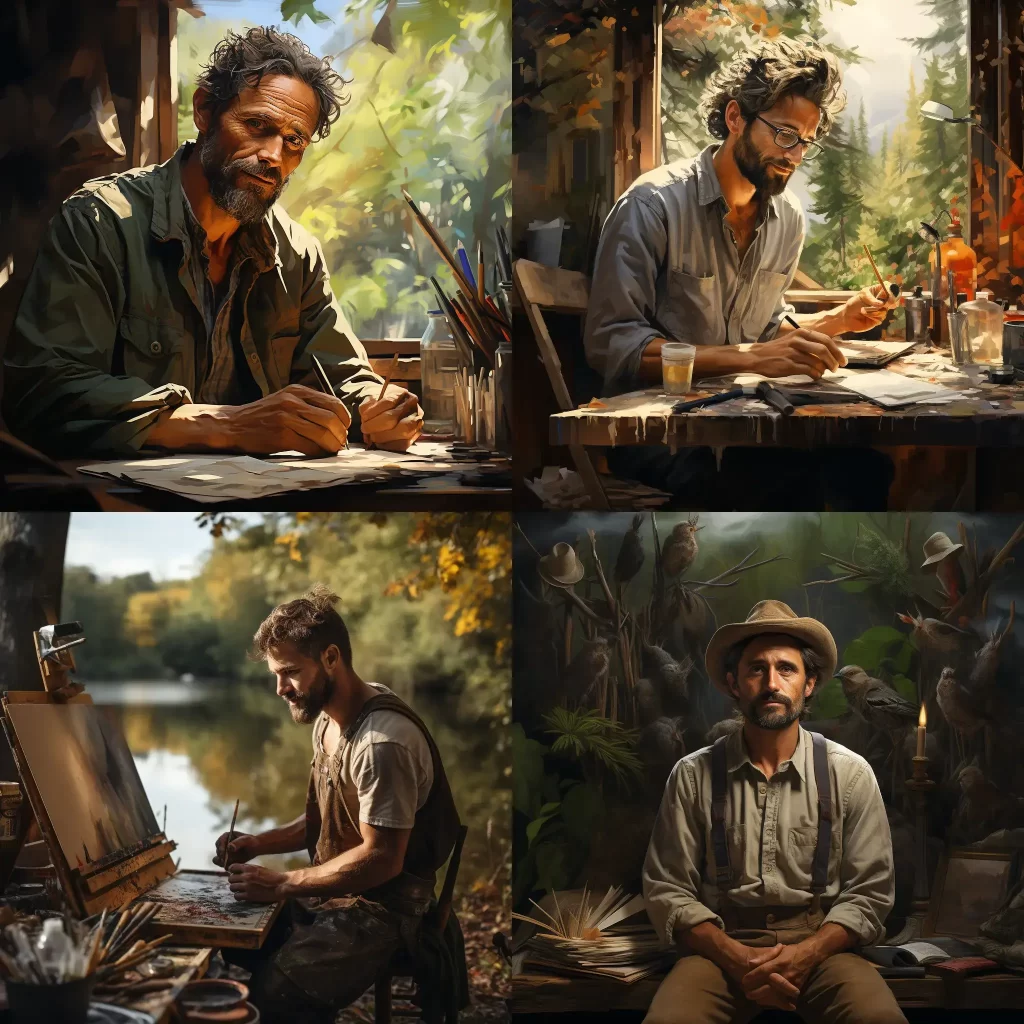 Four-panel portrait of artists immersed in creativity, sketching and painting in nature's serene setting, bathed in golden sunlight.