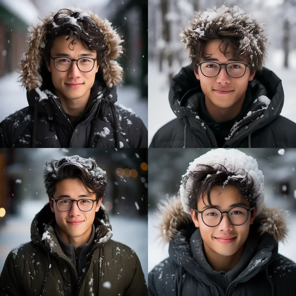 "Four winter portraits of a smiling young man with glasses, his hair dusted with fresh snowflakes, set against a softly blurred snowy background.