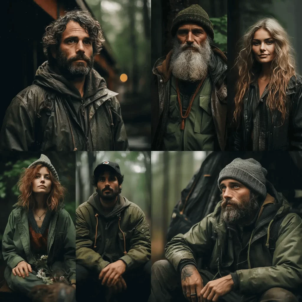 A compelling six-panel portrait montage of rugged individuals in a misty forest, each exuding a unique connection with the wilderness.