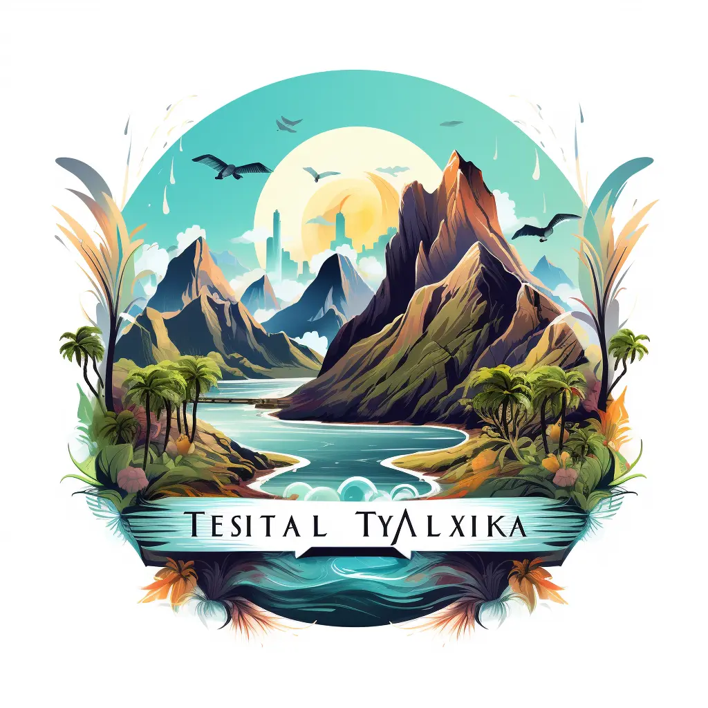 Vivid logo of Tesital T̈yalxika with a scenic mountainous landscape, palm trees, meandering river, and a city skyline silhouetted against a large, setting sun in a teal sky, evoking a sense of travel and discovery