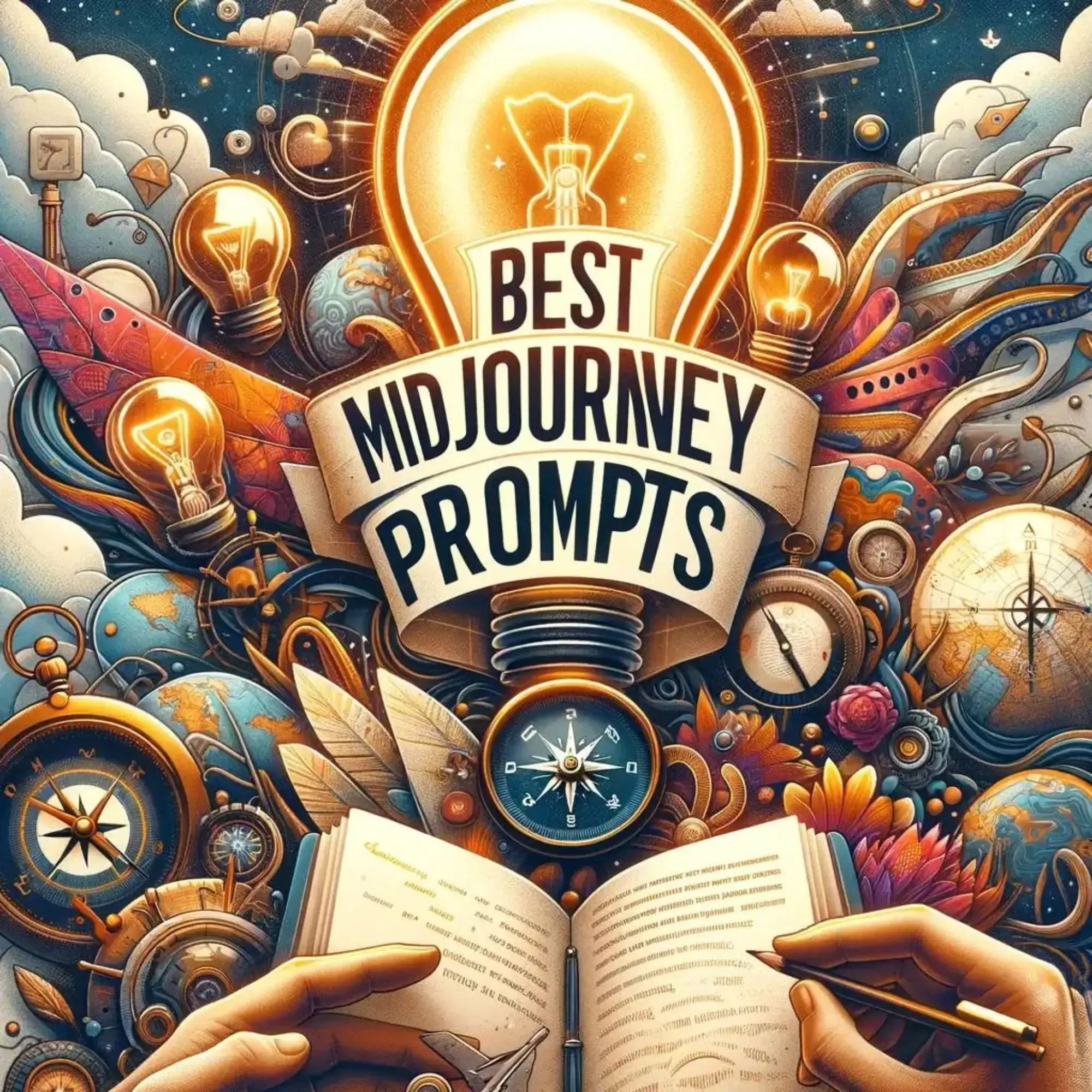 Vibrant illustration featuring a central light bulb with the text 'Best Midjourney Prompts', surrounded by various whimsical elements like gears, compasses, books, and celestial bodies.