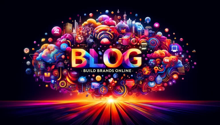 Explosive and colorful blog header featuring the word 'BLOG' in bold typography surrounded by a dynamic array of digital and social media icons, vibrant abstract shapes, and cityscape silhouettes, with 'Build Brands Online' beneath.