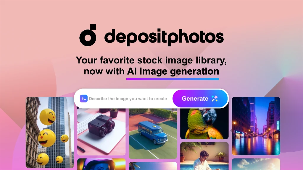 A vibrant collage showcasing Depositphotos’ AI-powered image generation tool with a huge selection of stock photos
